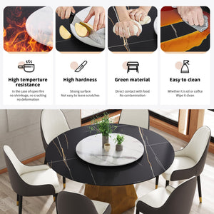 English Elm 59.05" Round Marble Dining Table With Turntable - Seats 6-8, Stylish Metal Base & Easy-Clean Surface W1535S00375