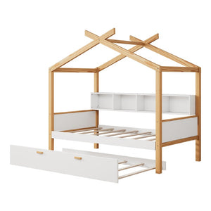 HomeRoots Natural Solid Wood Twin House Bed Frame for Kids Playful Cottage Style Bedroom 768500