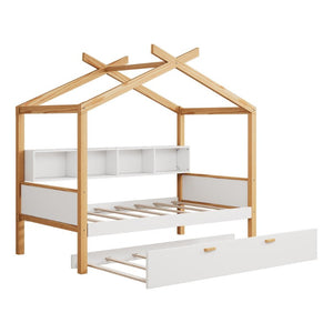 Natural Solid Wood Twin House Bed Frame for Kids Playful Cottage Style Bedroom