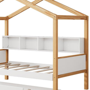 Natural Solid Wood Twin House Bed Frame for Kids Playful Cottage Style Bedroom