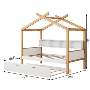 Natural Solid Wood Twin House Bed Frame for Kids Playful Cottage Style Bedroom