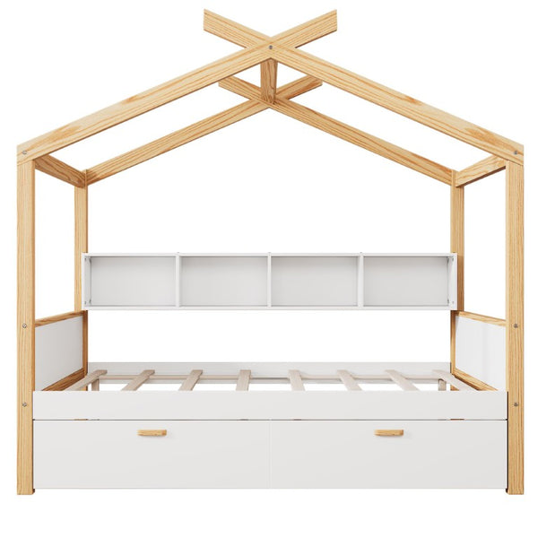 HomeRoots Natural Solid Wood Full Bed Frame Sturdy Farmhouse Style for a Cozy Bedroom Retreat 80" W x 67" H x 56" D 768506