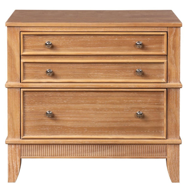 Set of Two Solid Wood Ribbed Nightstands with Three Drawers for Bedroom Storage