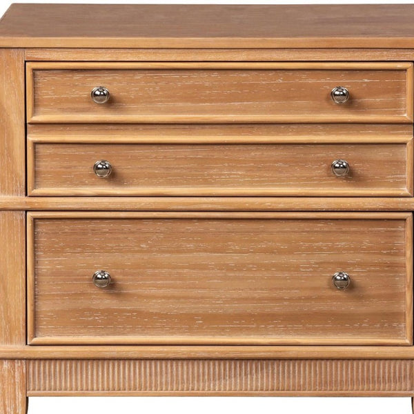 Set of Two Solid Wood Ribbed Nightstands with Three Drawers for Bedroom Storage