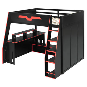 English Elm Full Size Wood Loft Bed with Rgb Lighting Desk and Multi-tier Shelves for Gaming Red LT000374AAR