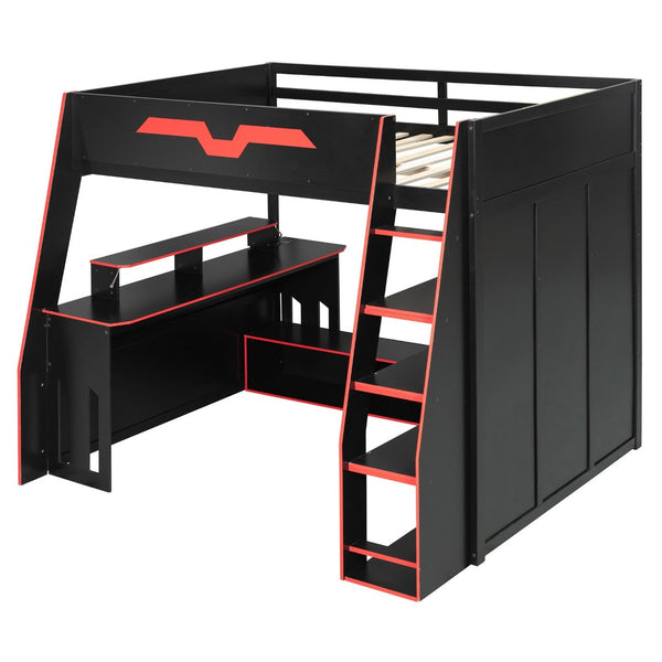 English Elm Full Size Wood Loft Bed with Rgb Lighting Desk and Multi-tier Shelves for Gaming Red LT000374AAR