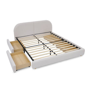 English Elm Queen Platform Bed Curved Headboard Circle Yarn Fabric with Four Wheeled Storage Drawers Beige W487S00481