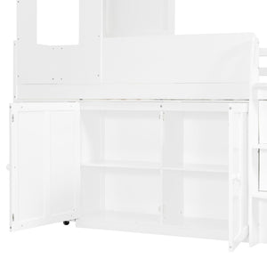 English Elm Twin House Loft Bed with Pull Out Rolling Desk Stair Drawers and Cabinet Storage White N820S00072K