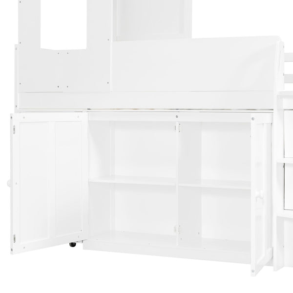English Elm Twin House Loft Bed with Pull Out Rolling Desk Stair Drawers and Cabinet Storage White N820S00072K
