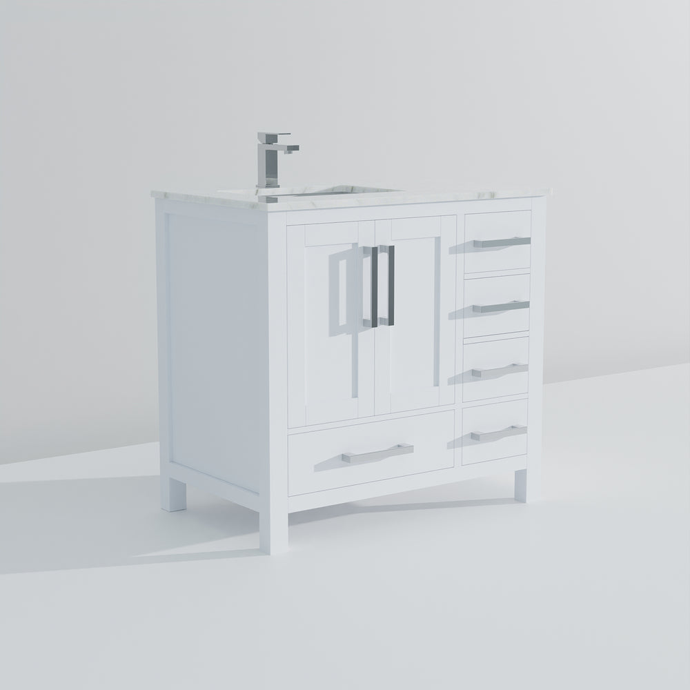 English Elm White 36 in Bath Vanity with Left Carrara Marble Top, Soft-Close Drawers, Chrome Faucet Set B2731P259017