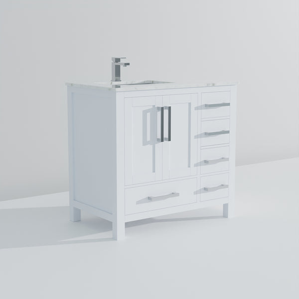 English Elm White 36 in Bath Vanity with Left Carrara Marble Top, Soft-Close Drawers, Chrome Faucet Set B2731P259017