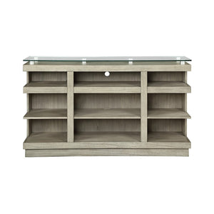 English Elm Celino 65 Inch Media Console with Tempered Glass Top and Open Shelving in Sandstone B108P468534