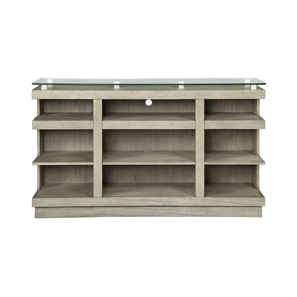 English Elm Celino 65 Inch Media Console with Tempered Glass Top and Open Shelving in Sandstone B108P468534
