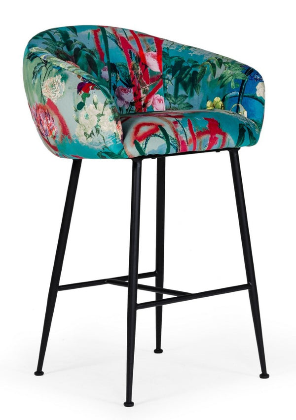 VIG Furniture Roxann Floral Velvet Bar Stool With High-Density Foam, Black Cast Iron Legs, Industrial Chic Medellin VGEUMC-9292CH-A-B