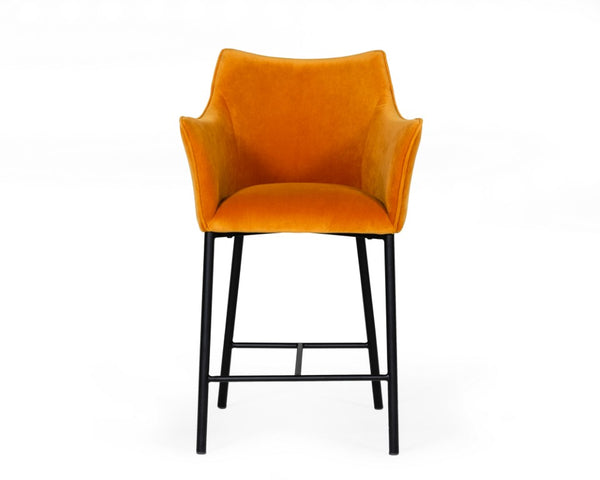 VIG Furniture Exodus Orange Velvet Counter Stool With Foam Cushioning, Black Cast Iron Legs & Felt Pads — Modern Chic VGEUMC-9118CH-A-C