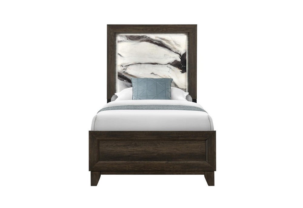 HomeRoots Brown Upholstered Twin Bed with Lighted Wood Frame for a Cozy Bedroom Retreat 768760