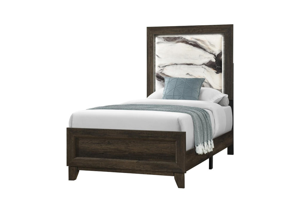 HomeRoots Brown Upholstered Twin Bed with Lighted Wood Frame for a Cozy Bedroom Retreat 768760