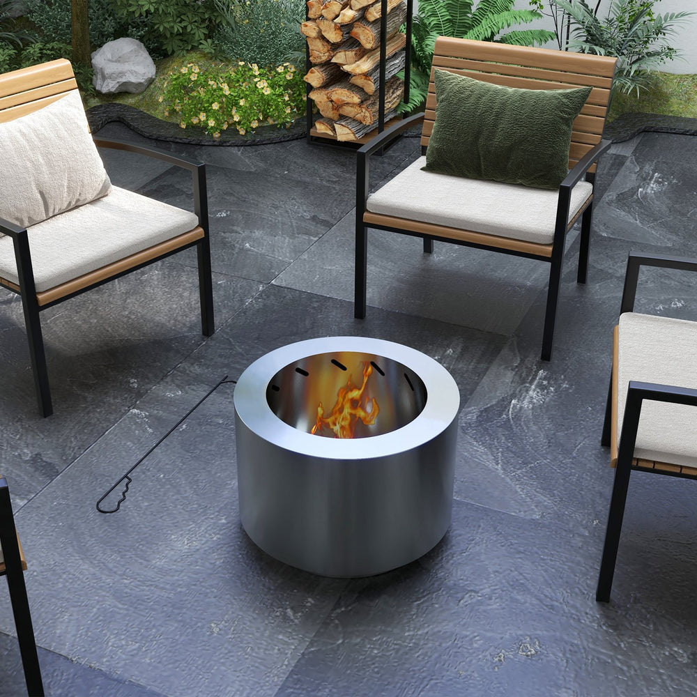 English Elm Outsunny 32 Inch Outdoor Propane Gas Fire Pit Table with 50,000 BTU, Faux Stone Square Design, Lava Rocks, Rain Cover Silver W2225P217256