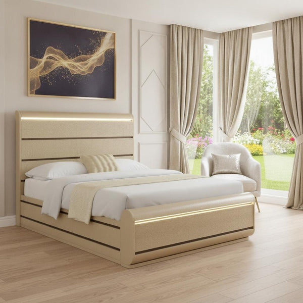 Gold Wood Queen Bed Frame with Built-in Lighting for a Glamorous Bedroom