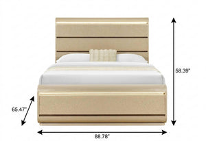 Gold Wood Queen Bed Frame with Built-in Lighting for a Glamorous Bedroom