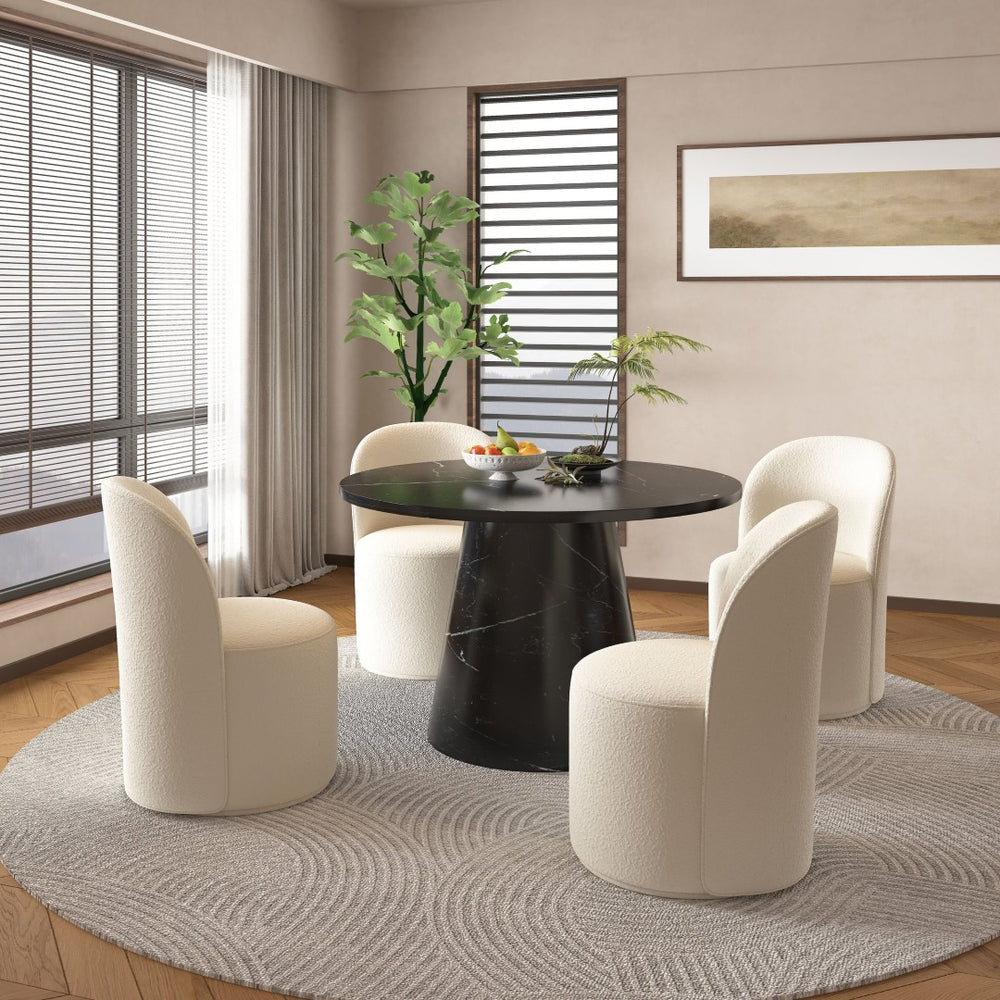 English Elm 5-piece Round Marble Look Table and Boucle Swivel Chair Dining Set for Four B2726S00573