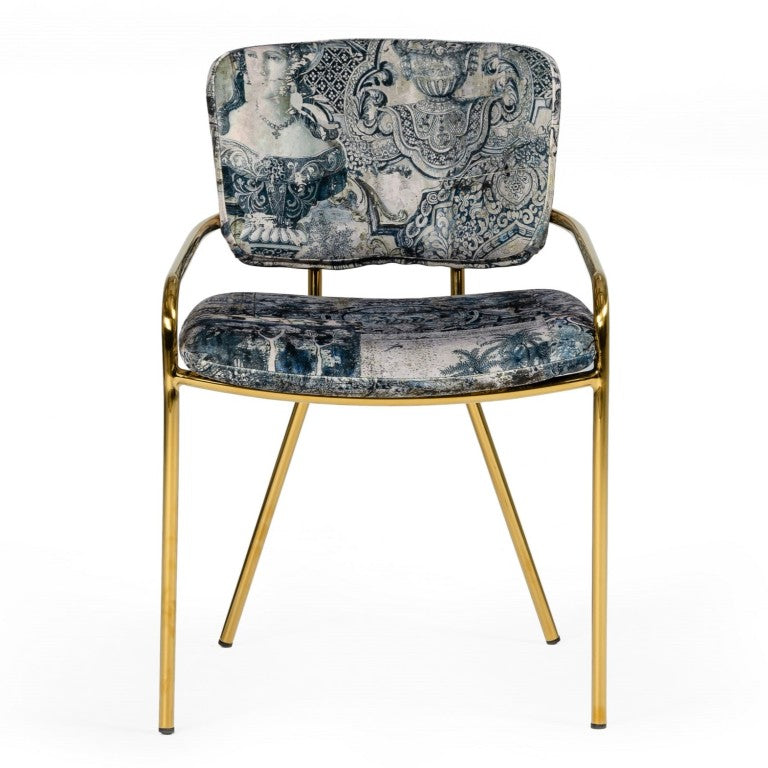 VIG Furniture Farnon Patterned Funky Velvet Dining Chair With Gold Legs — Plush Foam Seat, Blue-Pottery Motif, 31" VGEUMC-9560-A