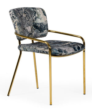 VIG Furniture Farnon Patterned Funky Velvet Dining Chair With Gold Legs — Plush Foam Seat, Blue-Pottery Motif, 31" VGEUMC-9560-A