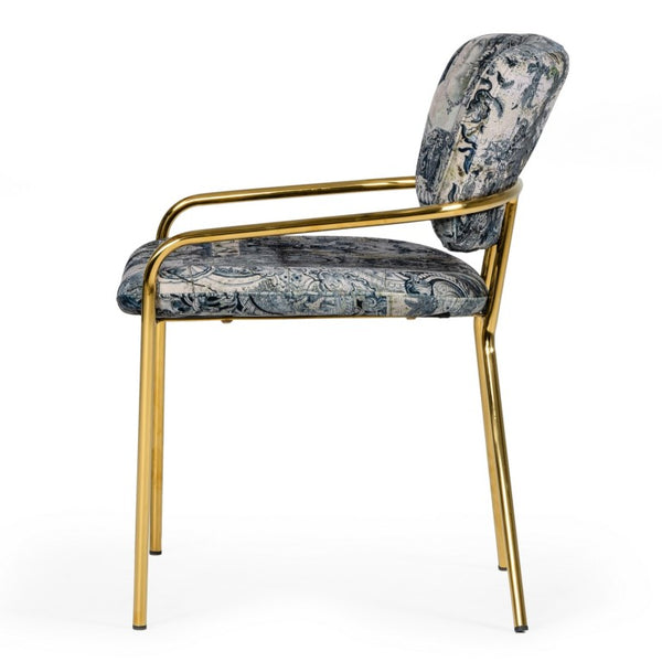 VIG Furniture Farnon Patterned Funky Velvet Dining Chair With Gold Legs — Plush Foam Seat, Blue-Pottery Motif, 31" VGEUMC-9560-A