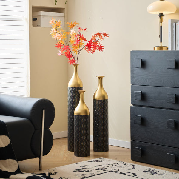 English Elm Black Black and Gold Metal Vase Set of 3 Tall Cylinder Floor Vases – Glam Textured Wedding & Home Décor W2796P278078