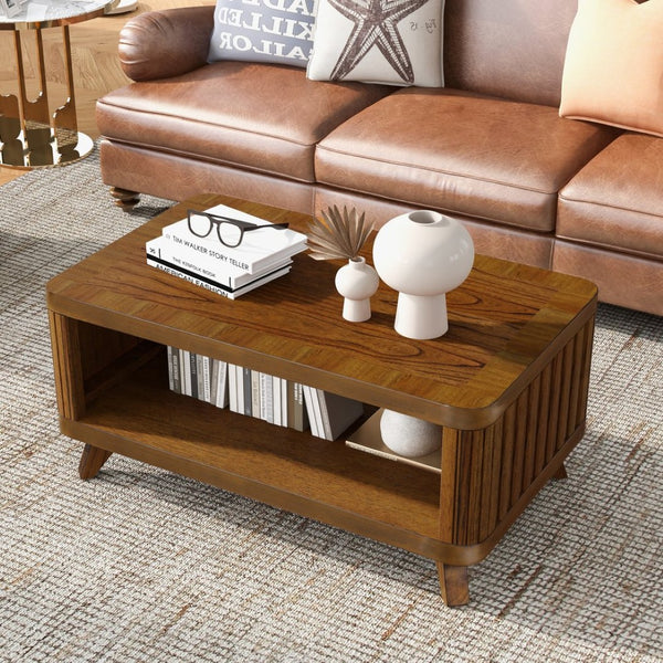 English Elm Rectangular Walnut Coffee Table Solid Pine Legs Open Shelf Family Living Room W1202P177315