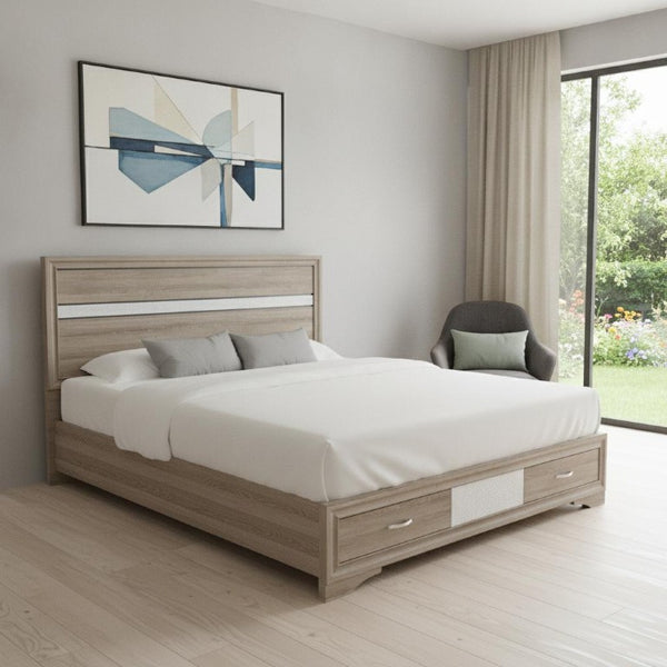 Brown Solid Wood King Storage Bed with Under Frame Drawers for Bedroom