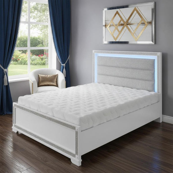 White Queen Platform Bed with Faux Crystal Accents and Built-in Led Lighting