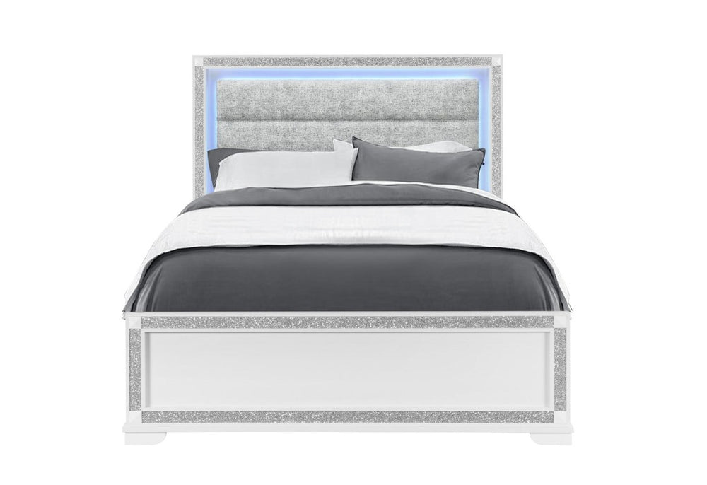 HomeRoots White Queen Platform Bed with Faux Crystal Accents and Built-in Led Lighting 768828