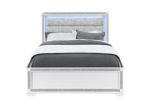 HomeRoots White Queen Platform Bed with Faux Crystal Accents and Built-in Led Lighting 768828