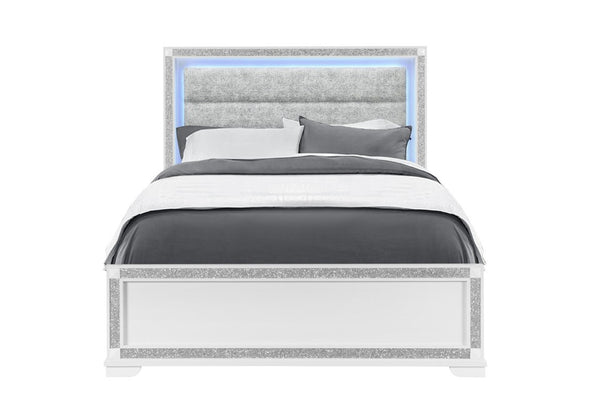 HomeRoots White Queen Platform Bed with Faux Crystal Accents and Built-in Led Lighting 768828