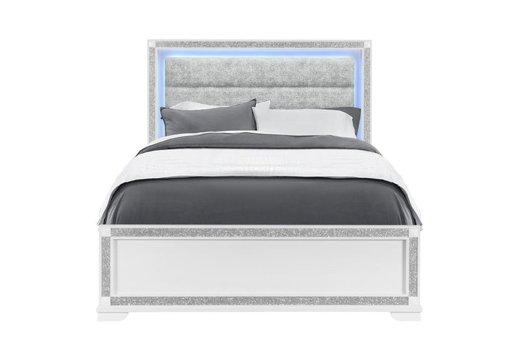 HomeRoots White Queen Platform Bed with Faux Crystal Accents and Built-in Led Lighting 768828