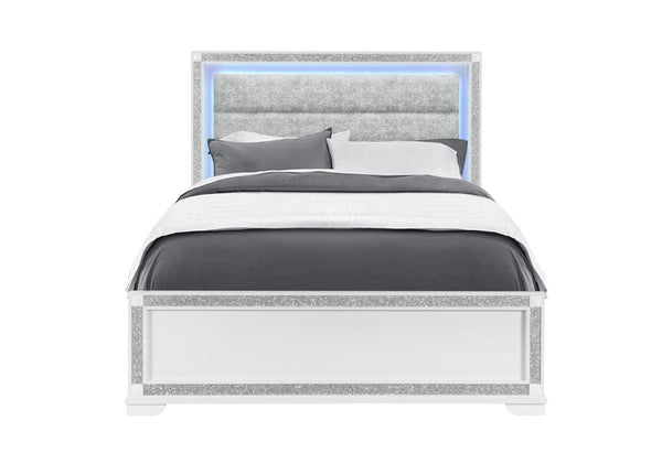 White Queen Platform Bed with Faux Crystal Accents and Built-in Led Lighting
