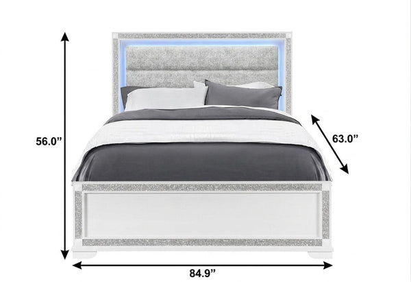 White Queen Platform Bed with Faux Crystal Accents and Built-in Led Lighting