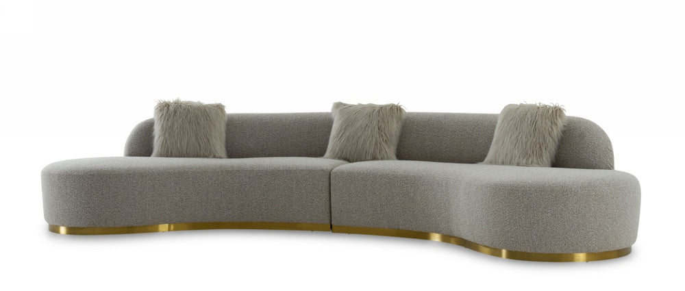 VIG Furniture Frontier Glam Curved Grey Sectional Sofa With Brushed Gold Base, Faux-Fur Pillows, Seats 6 Luxe Appeal VGODZW-943
