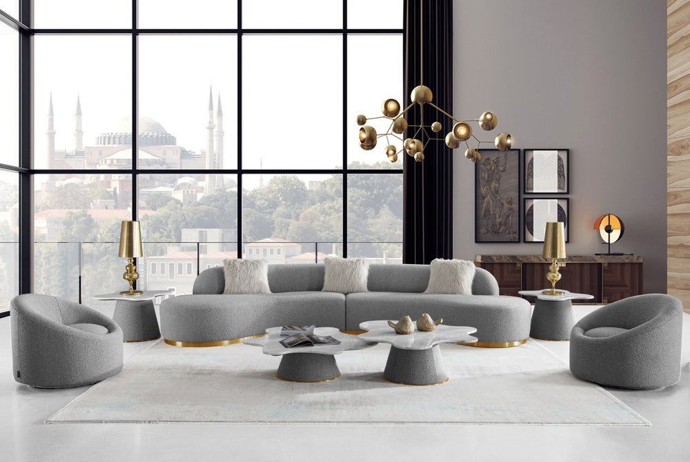 VIG Furniture Frontier Glam Curved Grey Sectional Sofa With Brushed Gold Base, Faux-Fur Pillows, Seats 6 Luxe Appeal VGODZW-943