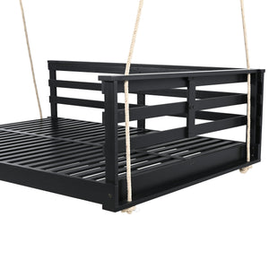 English Elm TOPMAX Acacia Wood Porch Swing Bed with 96" Hemp Ropes, Open-Side Minimalist Patio Lounger, 350lb Capacity Black N717P265860B