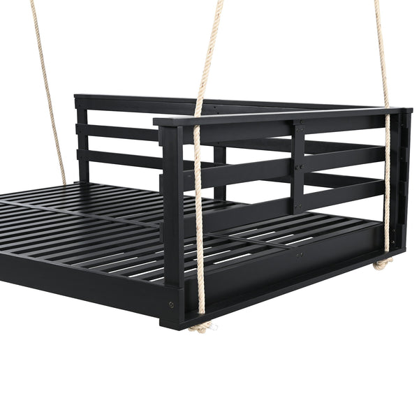 English Elm TOPMAX Acacia Wood Porch Swing Bed with 96" Hemp Ropes, Open-Side Minimalist Patio Lounger, 350lb Capacity Black N717P265860B