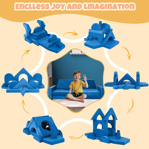 English Elm 15pcs Modular Toddler Play Couch Set Velvet Foam Fort Building Playroom Seating Blue T5880P493413
