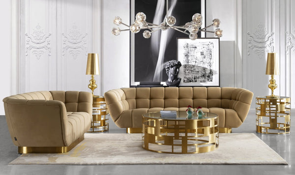 VIG Furniture Granby Glam Mustard Mid-Century Loveseat With Gold Stainless Base, Tufted Foam Cushions, 3-Seat Comfort VGODZW-946-LVST