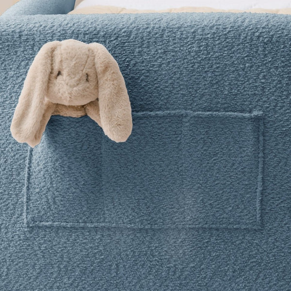English Elm Twin Boucle Upholstered Kids Bed Whimsical Rabbit Ear Headboard with Safety Rail Sky Blue W1413P407487