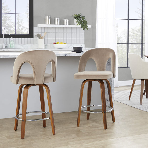 English Elm Fixed-height Swivel Counterstools Taupe Velvet Bentwood Walnut Legs Chrome Footrest Set B202S01796