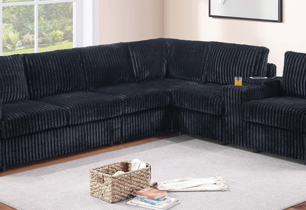 English Elm Modern Corduroy L-shaped Sectional with Usb Charging Console Cup Holders Living Room Black B011S02208