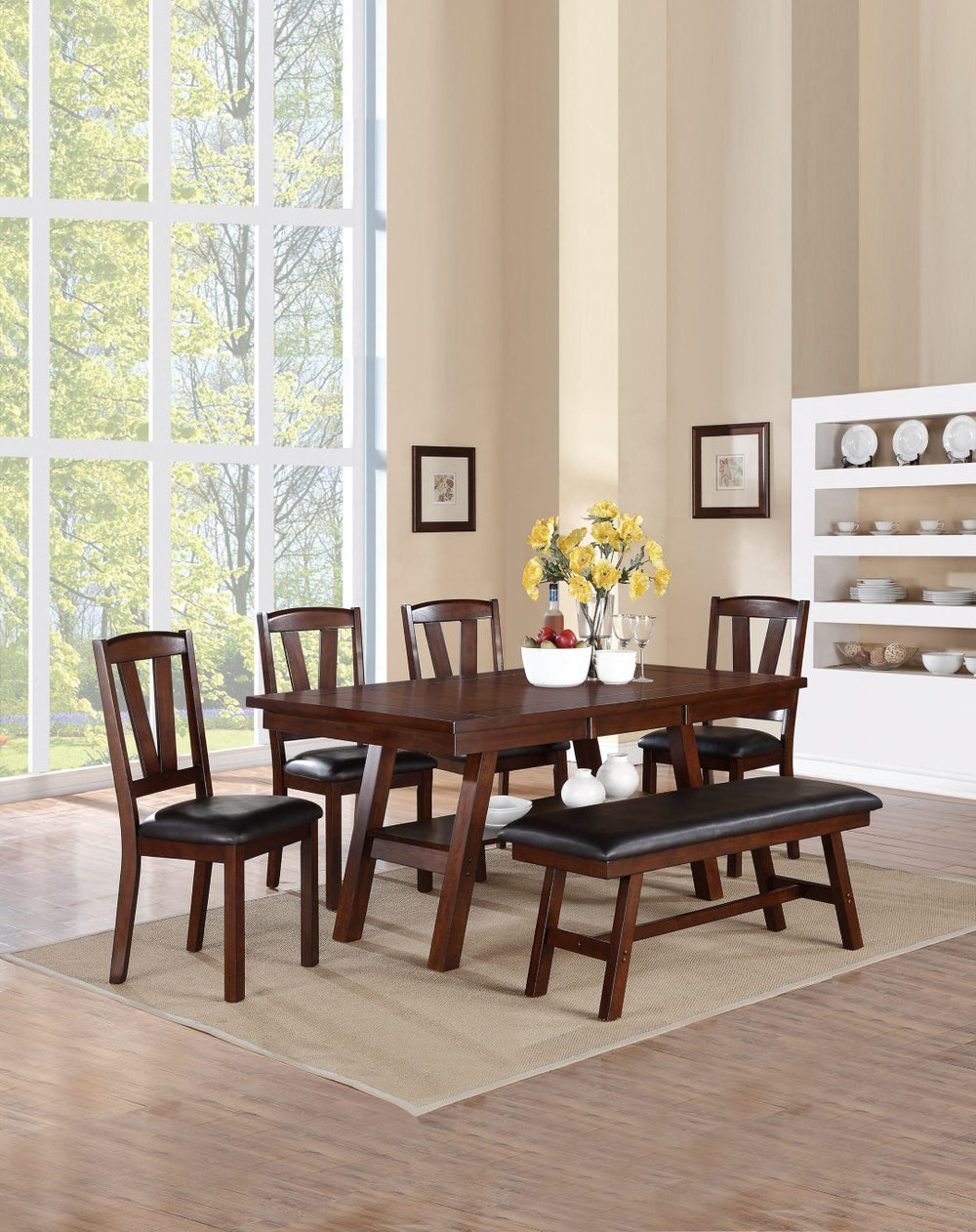 English Elm Dining Set Six Piece Walnut Rubberwood Table Four Chairs Bench Transitional Room B011S00962