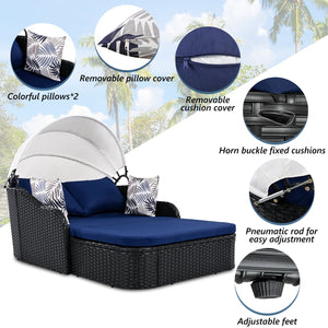 English Elm GO Outdoor Sun Bed with Adjustable Canopy, Durable PE Rattan Double Lounger, Zippered Cushions and Pillows for Easy Care and 500lb Capacity Black+Blue FG201223AAN
