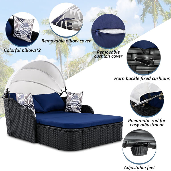 English Elm GO Outdoor Sun Bed with Adjustable Canopy, Durable PE Rattan Double Lounger, Zippered Cushions and Pillows for Easy Care and 500lb Capacity Black+Blue FG201223AAN